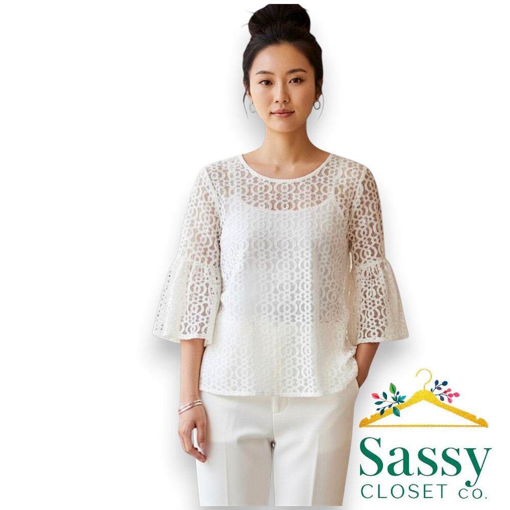 PARADISO White Geometric Print Overlay Top M Statement Sleeve Luxe